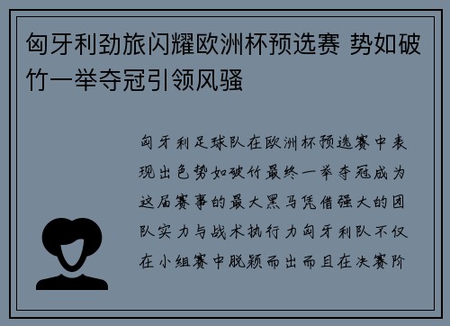 匈牙利劲旅闪耀欧洲杯预选赛 势如破竹一举夺冠引领风骚