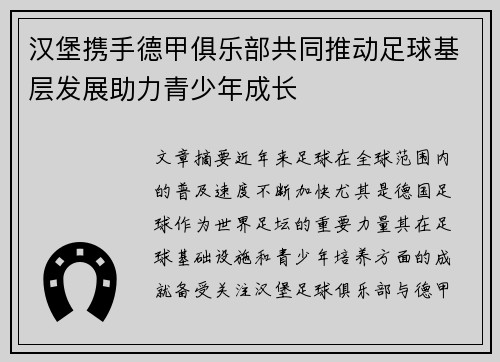 汉堡携手德甲俱乐部共同推动足球基层发展助力青少年成长