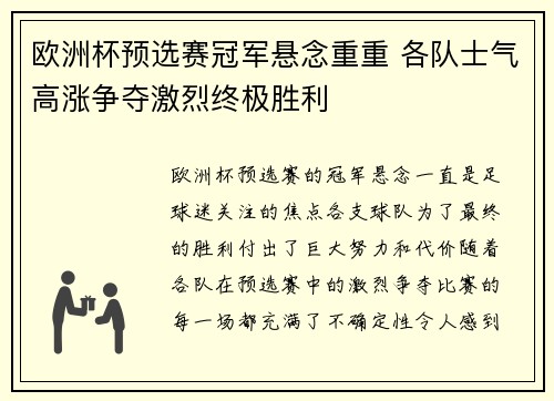 欧洲杯预选赛冠军悬念重重 各队士气高涨争夺激烈终极胜利