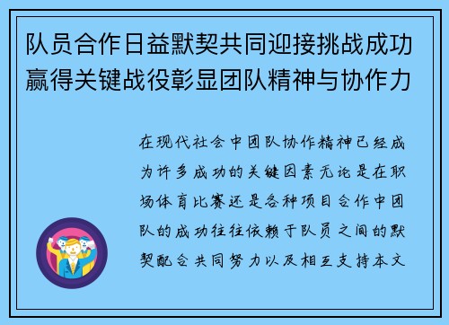 队员合作日益默契共同迎接挑战成功赢得关键战役彰显团队精神与协作力量