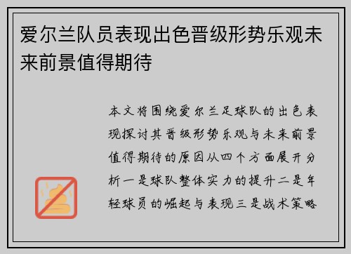 爱尔兰队员表现出色晋级形势乐观未来前景值得期待