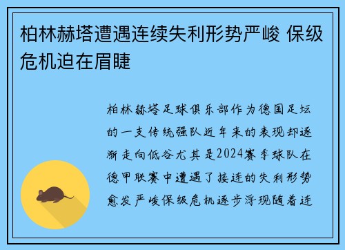 柏林赫塔遭遇连续失利形势严峻 保级危机迫在眉睫