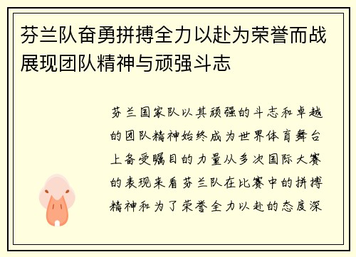 芬兰队奋勇拼搏全力以赴为荣誉而战展现团队精神与顽强斗志