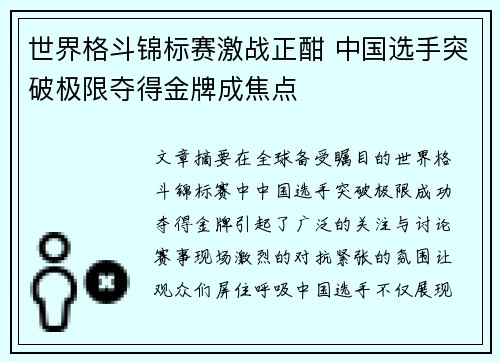 世界格斗锦标赛激战正酣 中国选手突破极限夺得金牌成焦点