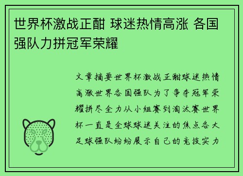 世界杯激战正酣 球迷热情高涨 各国强队力拼冠军荣耀